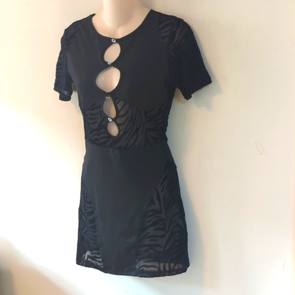 YG Collection Black Cut Out Mesh Zebra Print Mini Dress L - Picture 7 of 16
